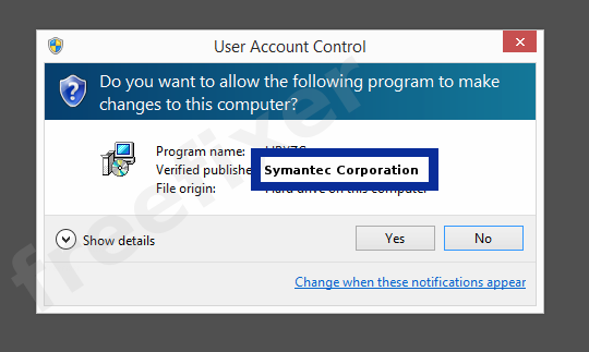 Screenshot where Symantec Corporation appears as the verified publisher in the UAC dialog